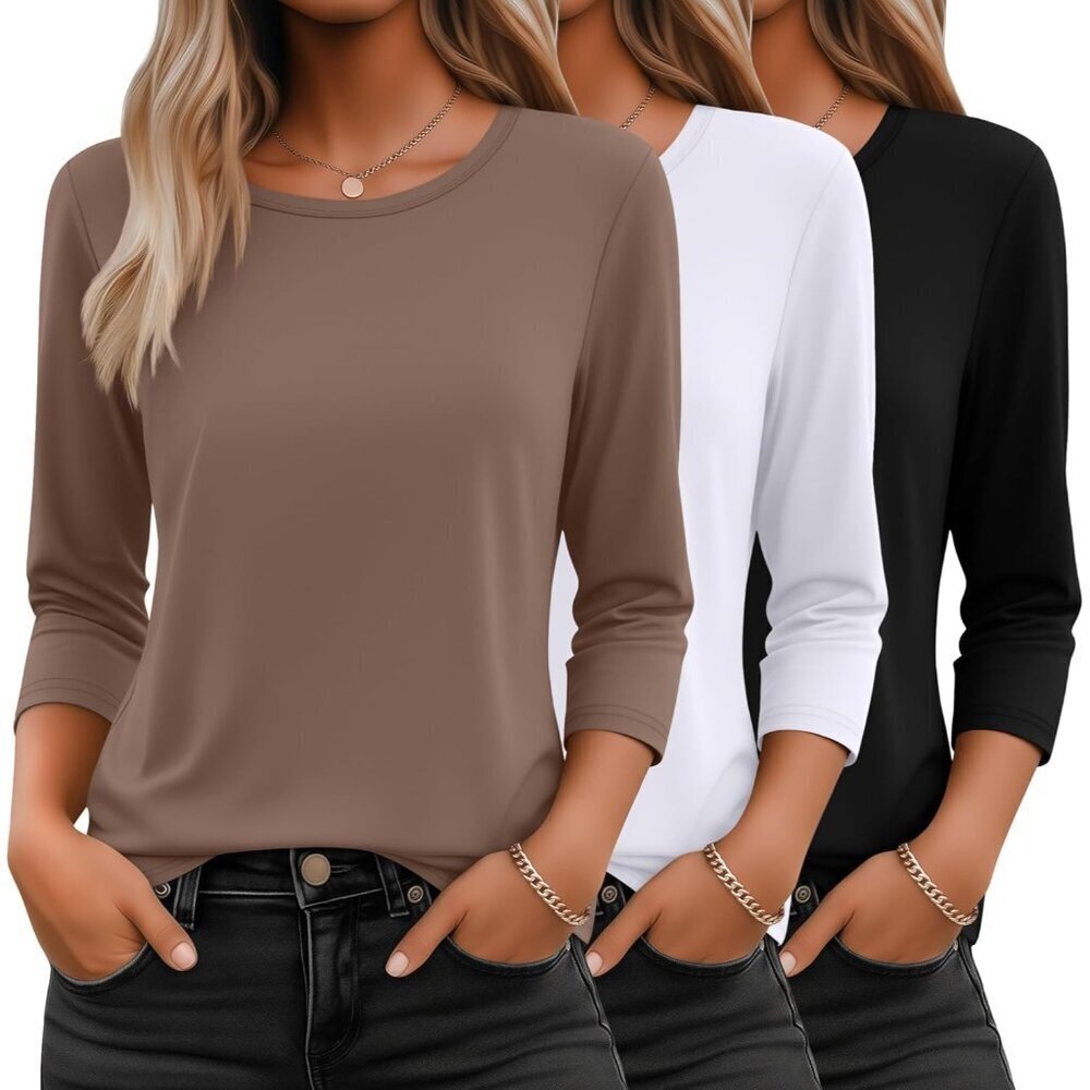 3 Pack Women’s Casual 3/4 Sleeve Tops Round Neck Basic T Shirts S-2XL